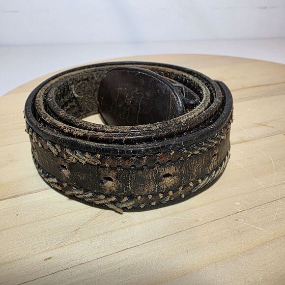 Vintage Distressed Leather Belt & Buckle Oval Shaped Buckle W Letter H Size 38 - Picture 13 of 15